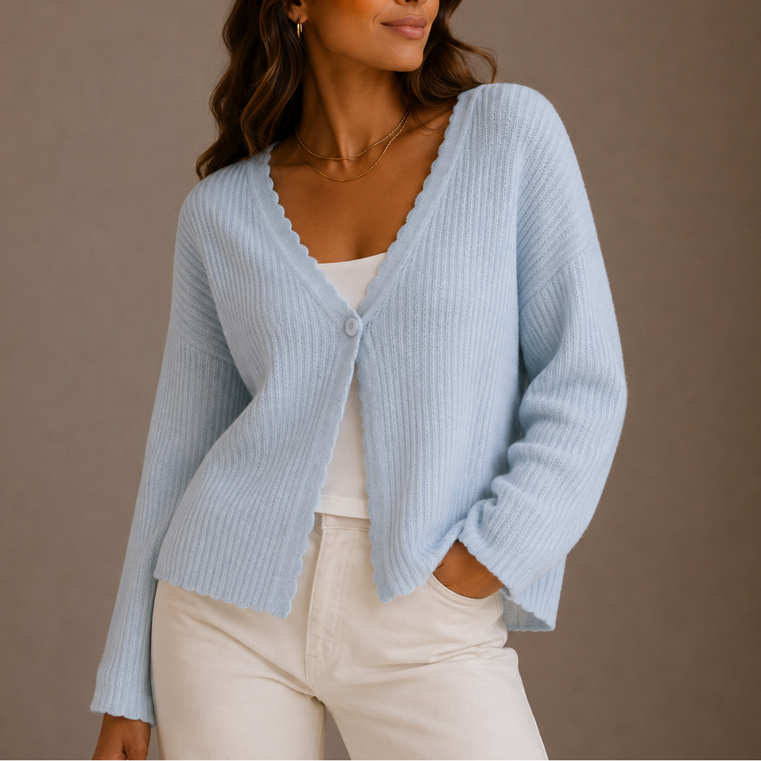 Women's Lightweight Knit V Neck Cardigan with Scalloped Trim and Button Front