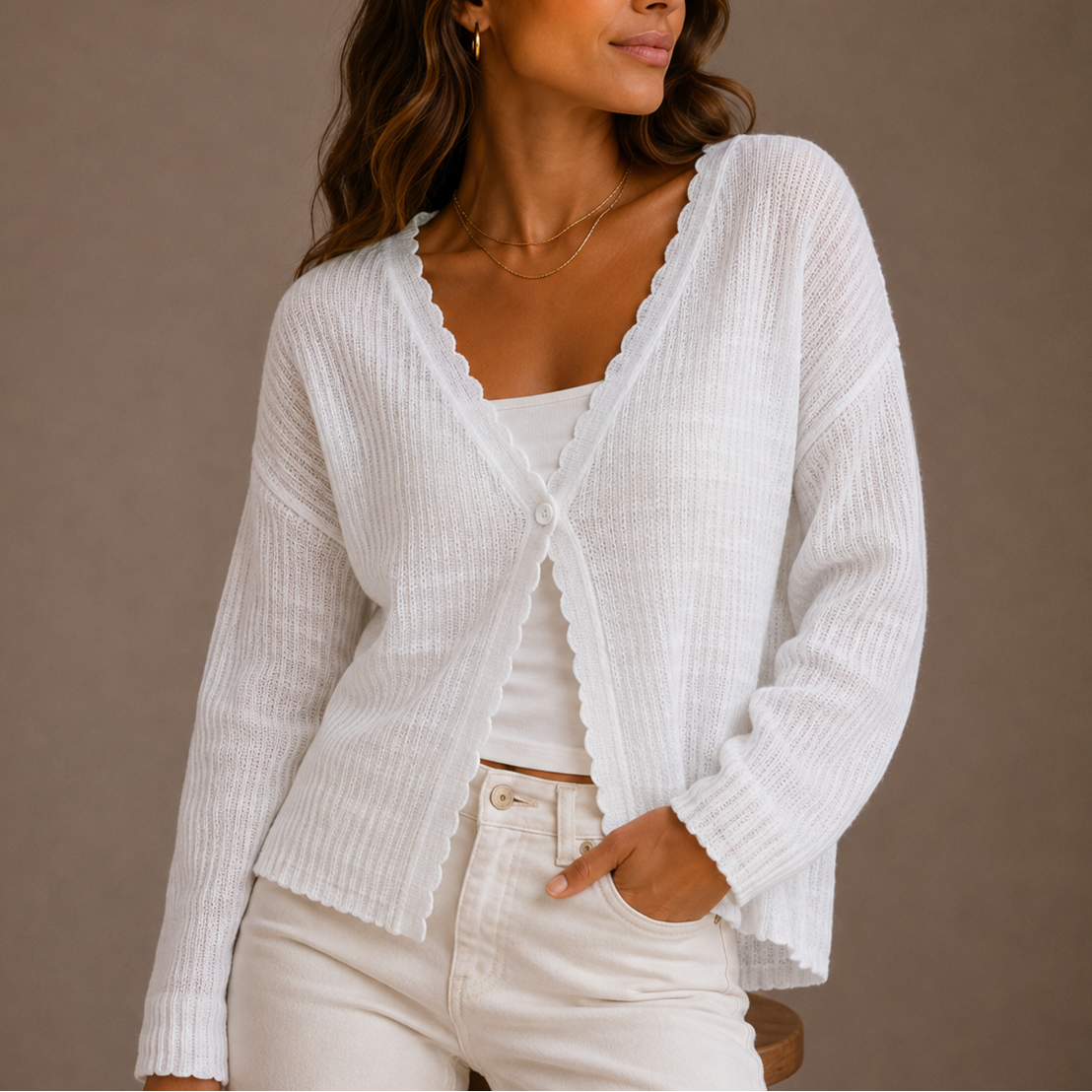 Women's Lightweight Knit V Neck Cardigan with Scalloped Trim and Button Front