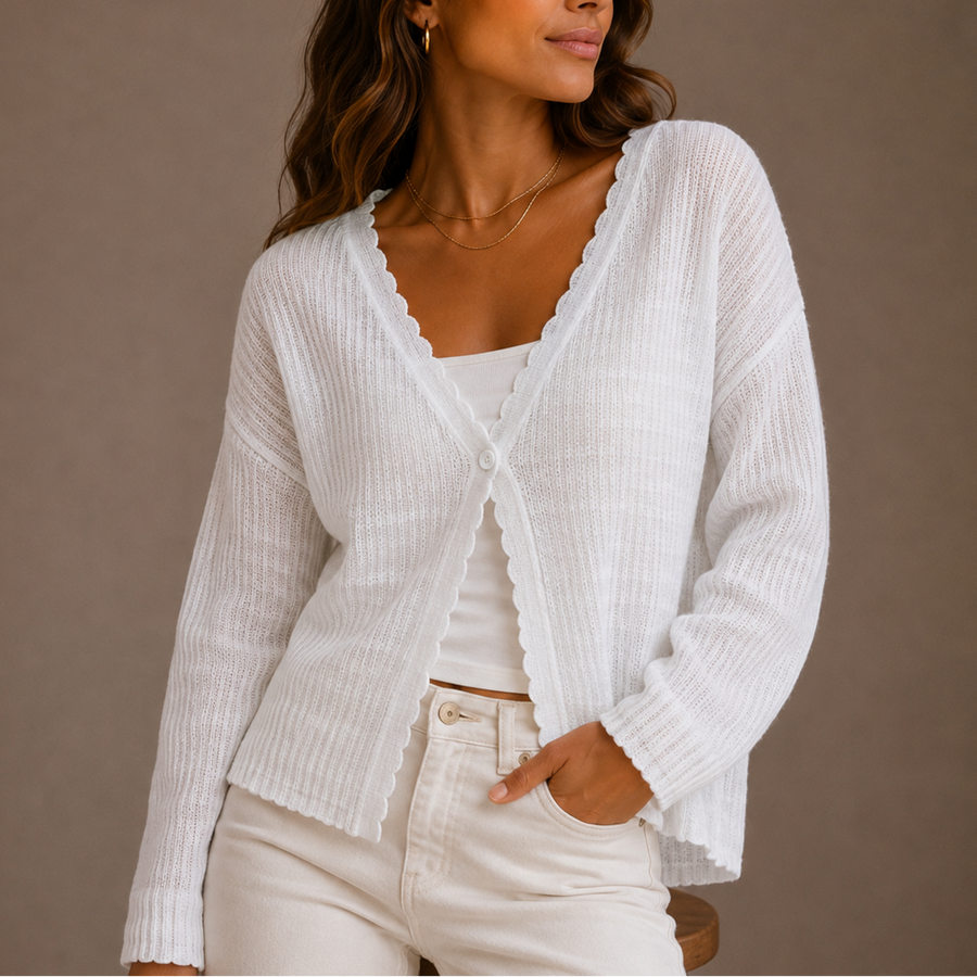 Women's Lightweight Knit V Neck Cardigan with Scalloped Trim and Button Front