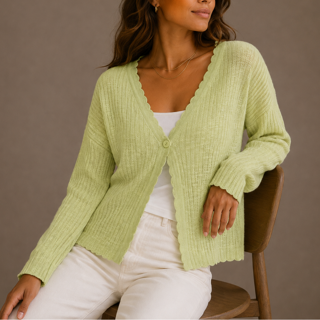 Women's Lightweight Knit V Neck Cardigan with Scalloped Trim and Button Front