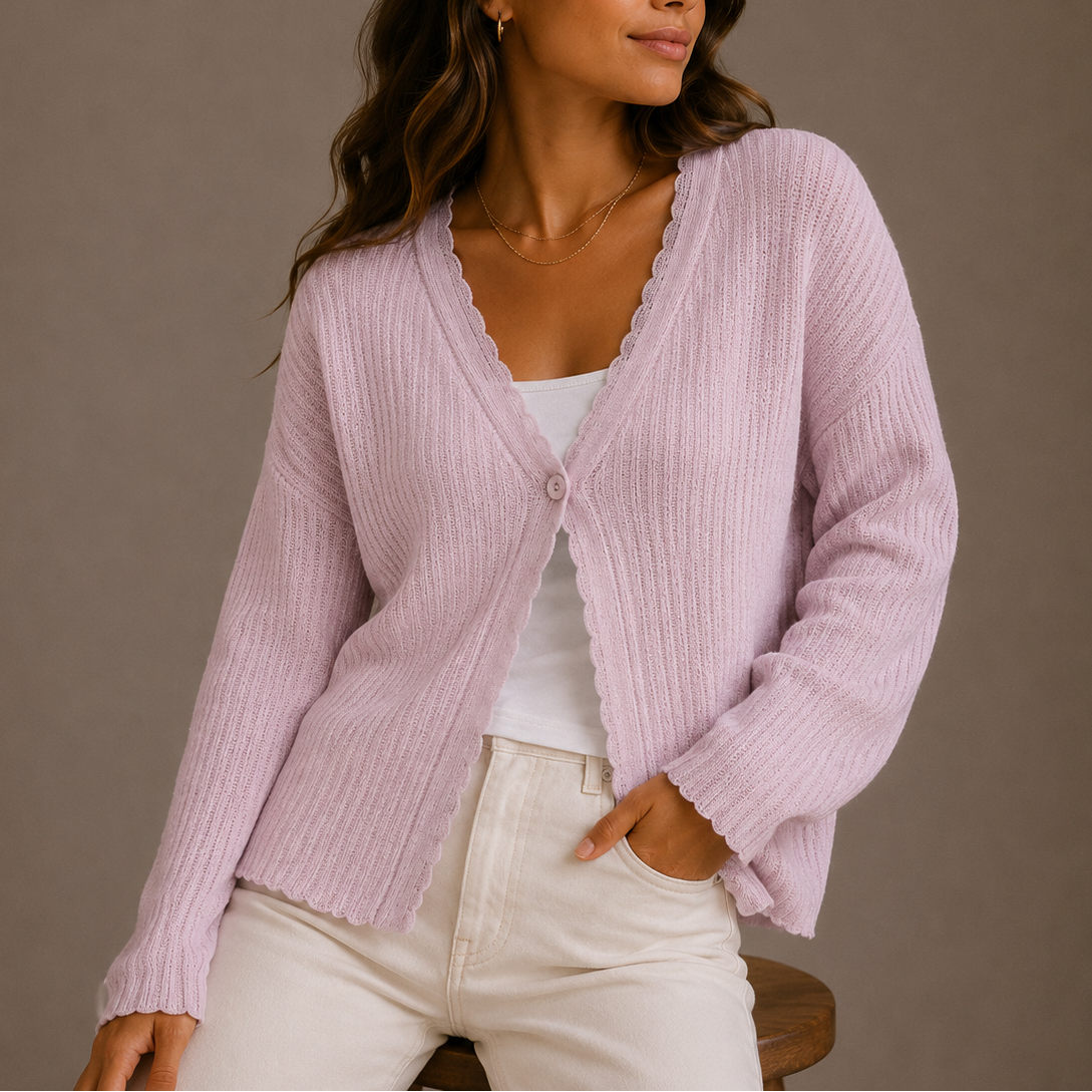 Women's Lightweight Knit V Neck Cardigan with Scalloped Trim and Button Front