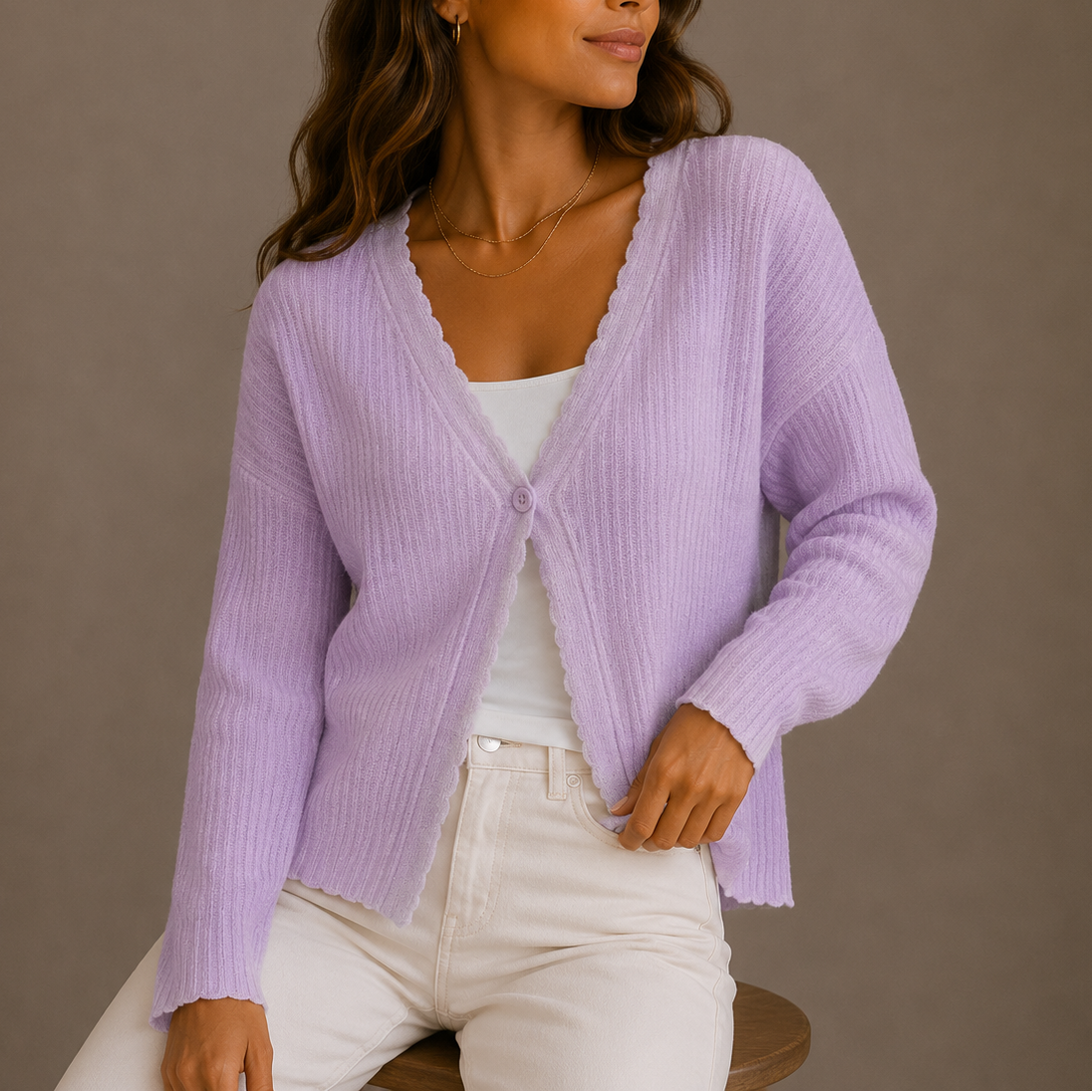 Women's Lightweight Knit V Neck Cardigan with Scalloped Trim and Button Front