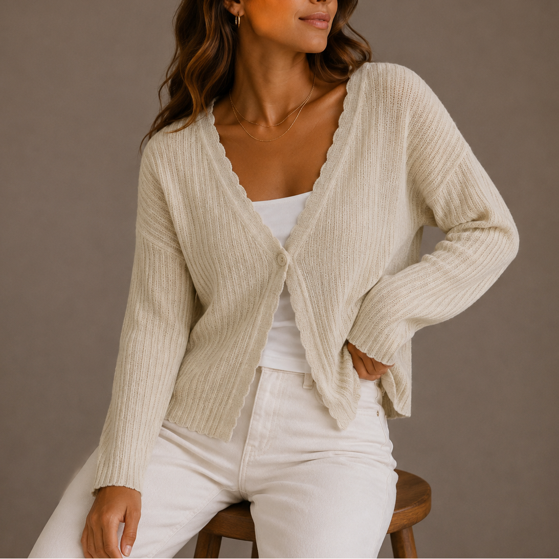 Women's Lightweight Knit V Neck Cardigan with Scalloped Trim and Button Front