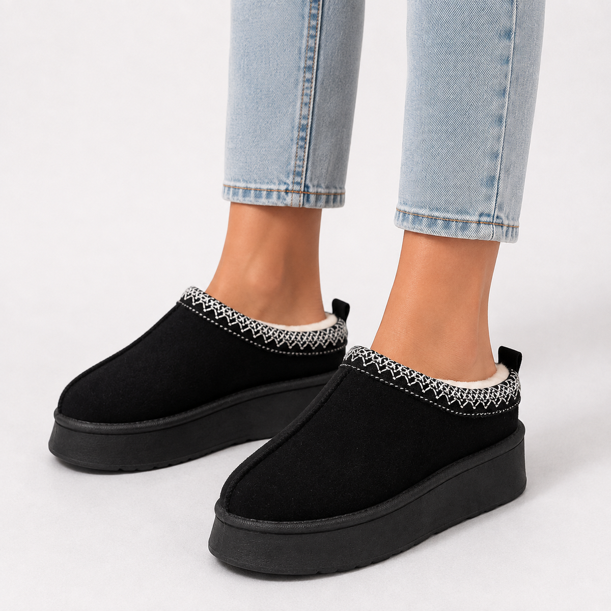 Women's Suede Slip On Winter Slippers with Faux Fur Lining and Embroidered Collar