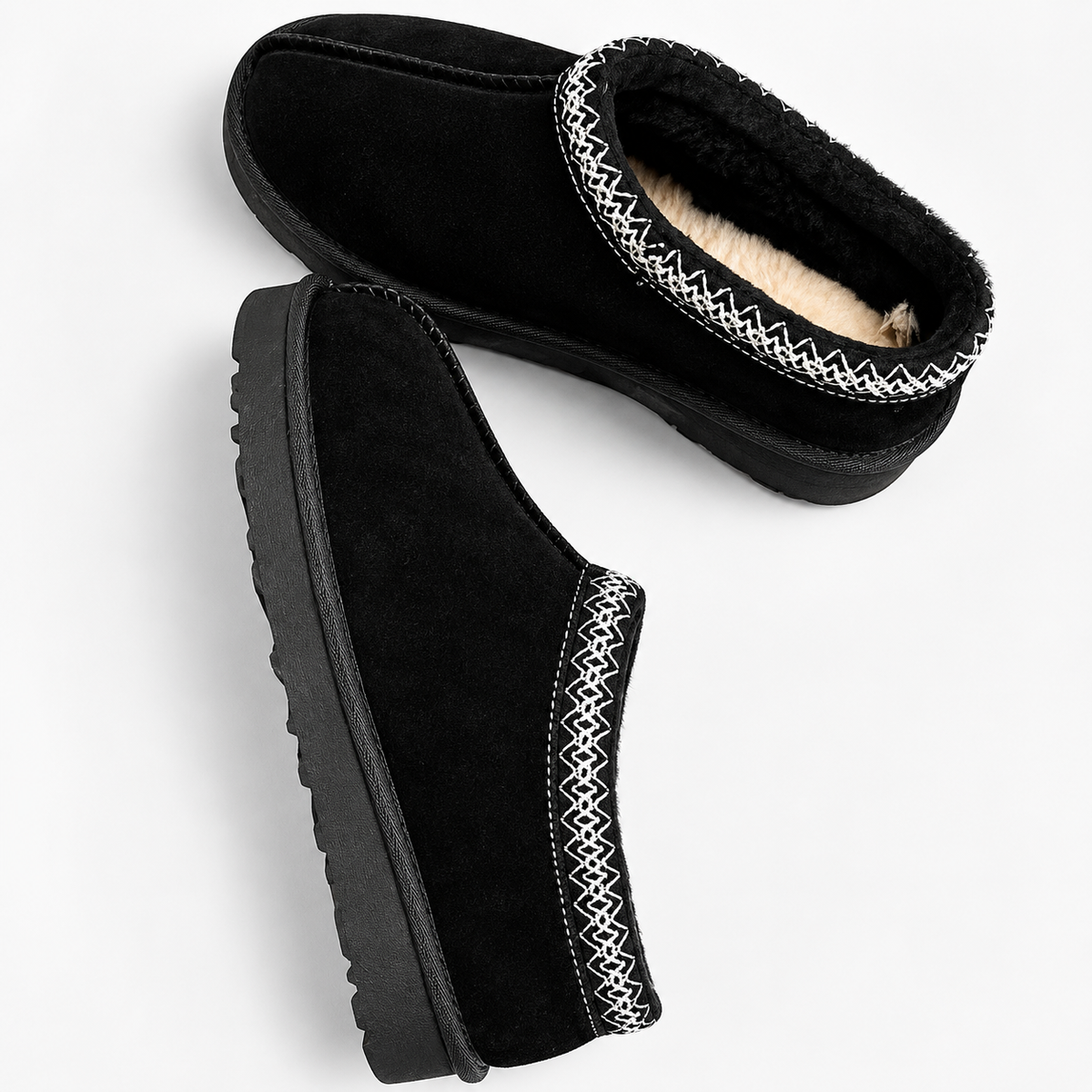 Women's Suede Slip On Winter Slippers with Faux Fur Lining and Embroidered Collar