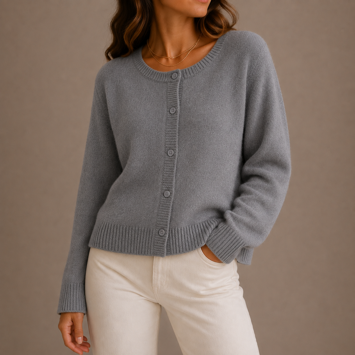 Women's Soft Knit Button Up Cardigan with Round Neck and Ribbed Trim