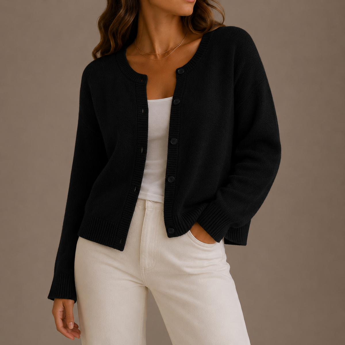 Women's Soft Knit Button Up Cardigan with Round Neck and Ribbed Trim