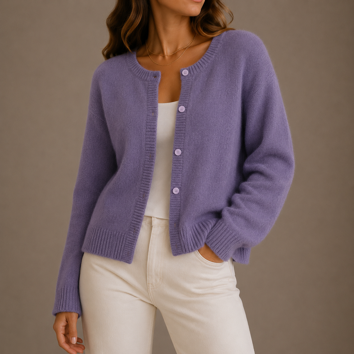 Women's Soft Knit Button Up Cardigan with Round Neck and Ribbed Trim