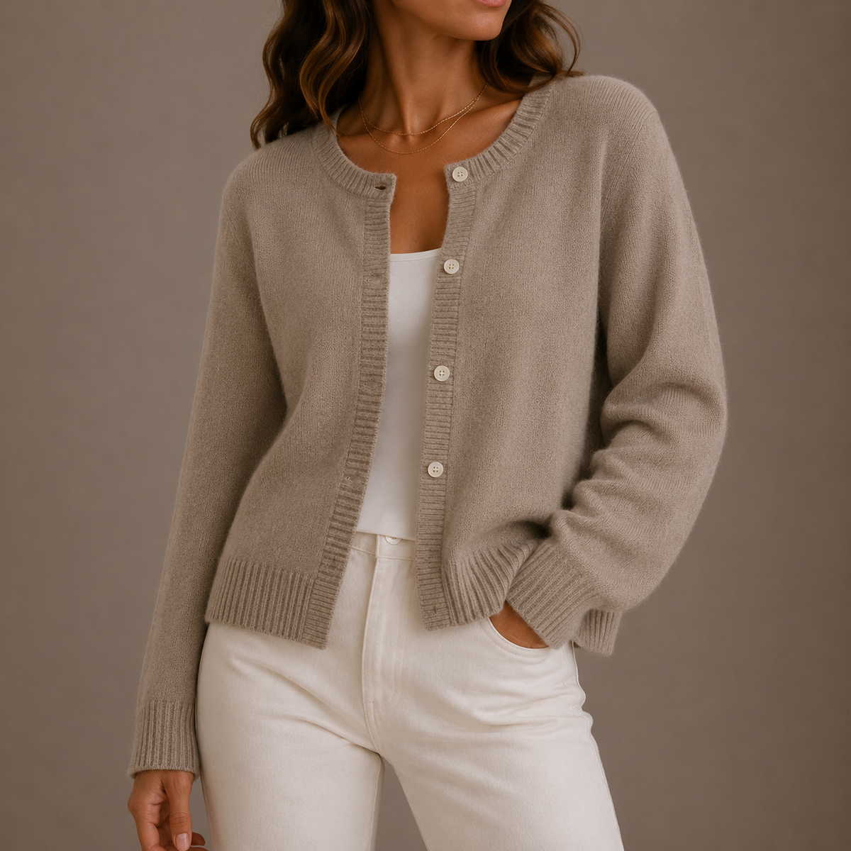 Women's Soft Knit Button Up Cardigan with Round Neck and Ribbed Trim