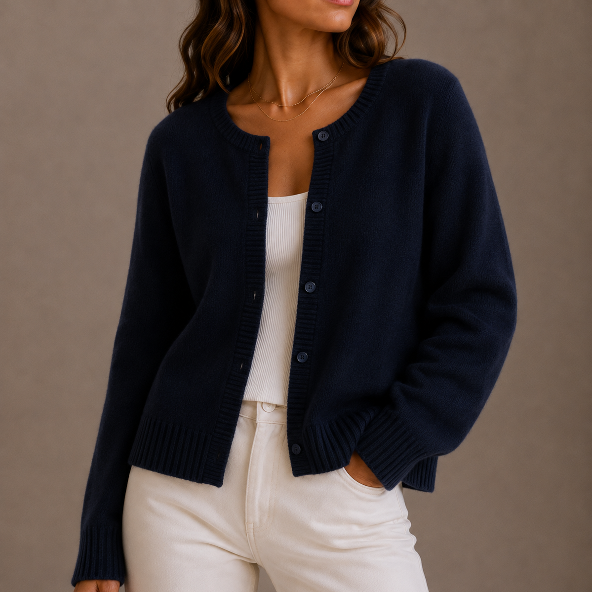 Women's Soft Knit Button Up Cardigan with Round Neck and Ribbed Trim