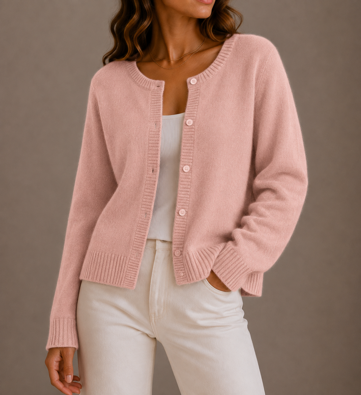 Women's Soft Knit Button Up Cardigan with Round Neck and Ribbed Trim