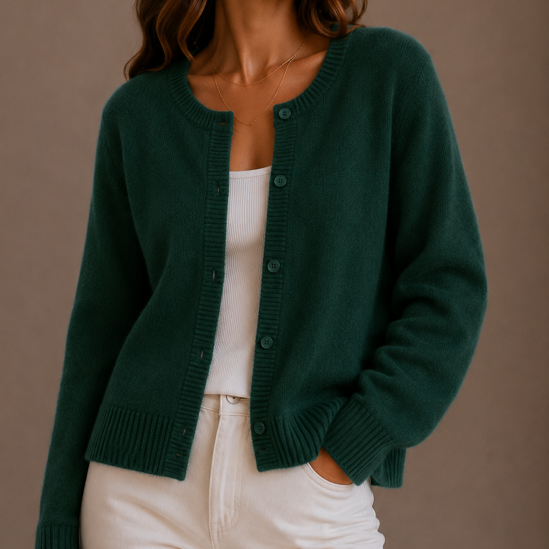 Women's Soft Knit Button Up Cardigan with Round Neck and Ribbed Trim