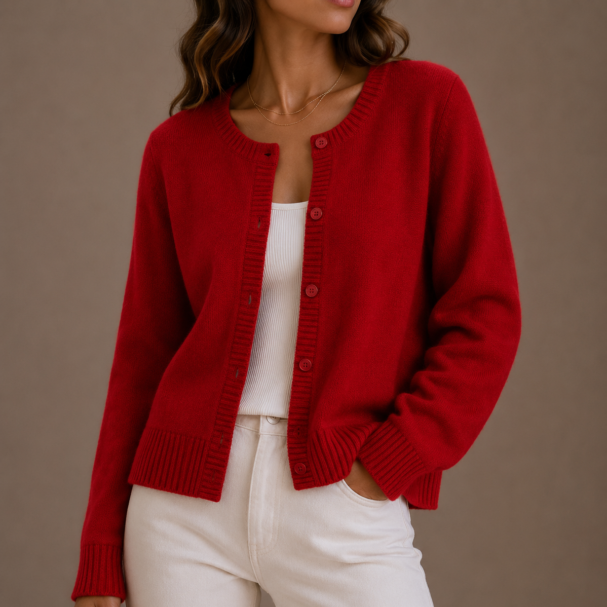 Women's Soft Knit Button Up Cardigan with Round Neck and Ribbed Trim