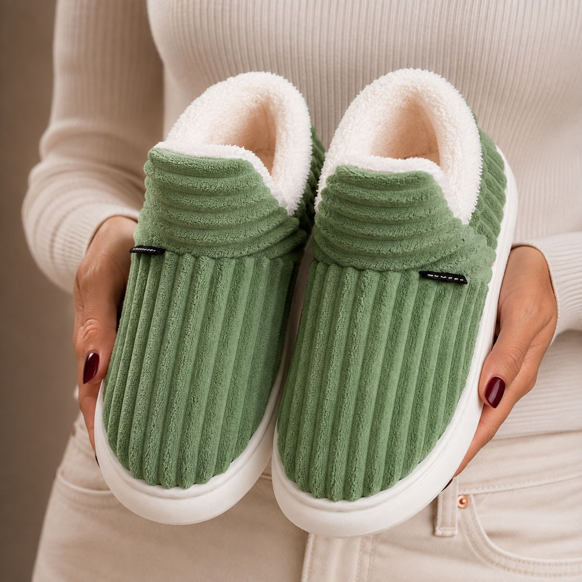 Women's Warm Fleece Lined Slip On House Slippers with Ribbed Corduroy Upper