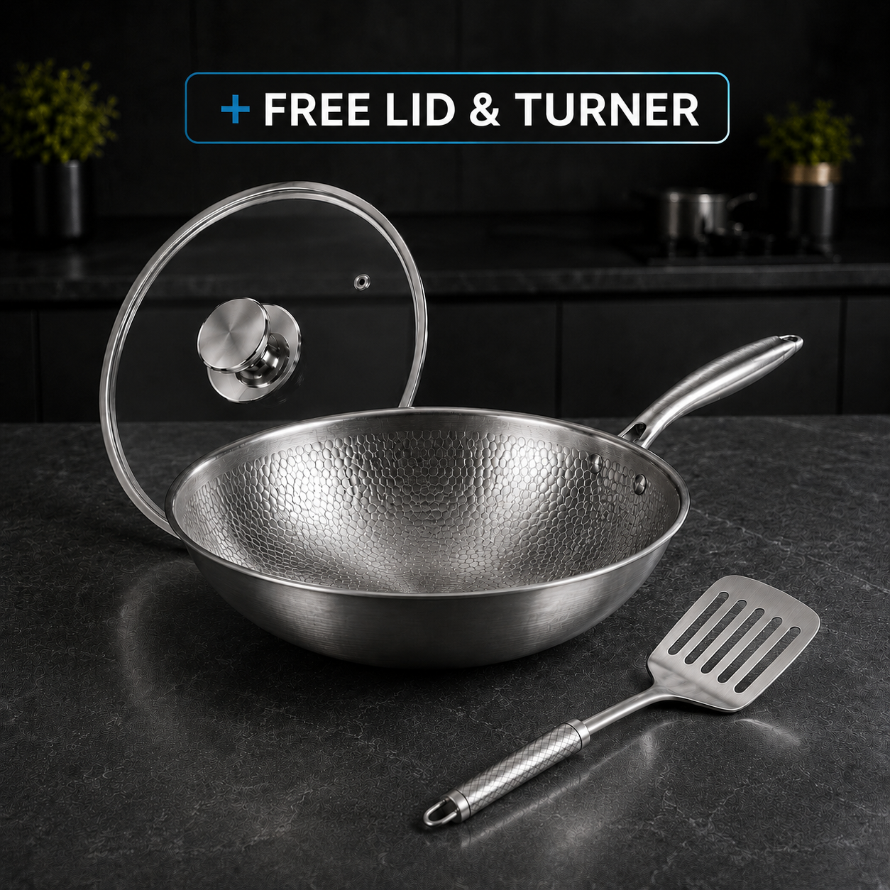 Pure Titanium Hammered Wok Pan + Free Lid & Turner