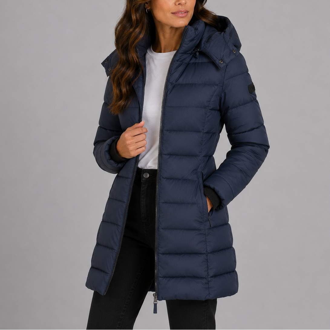 Women's Long Hooded Puffer Jacket with Full Zip and Side Pockets