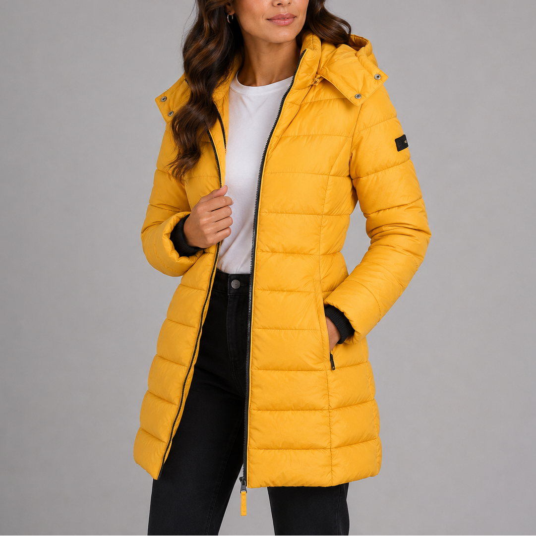 Women's Long Hooded Puffer Jacket with Full Zip and Side Pockets