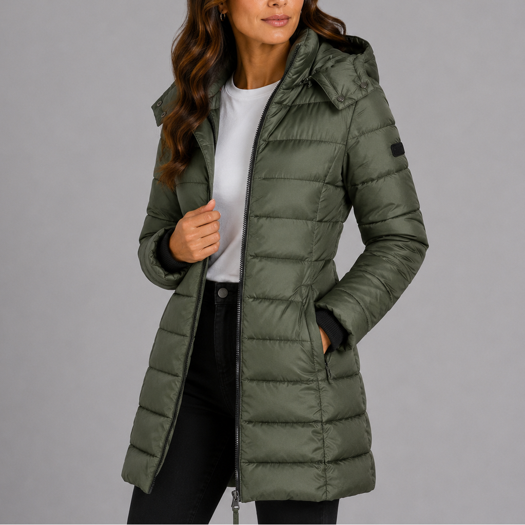 Women's Long Hooded Puffer Jacket with Full Zip and Side Pockets