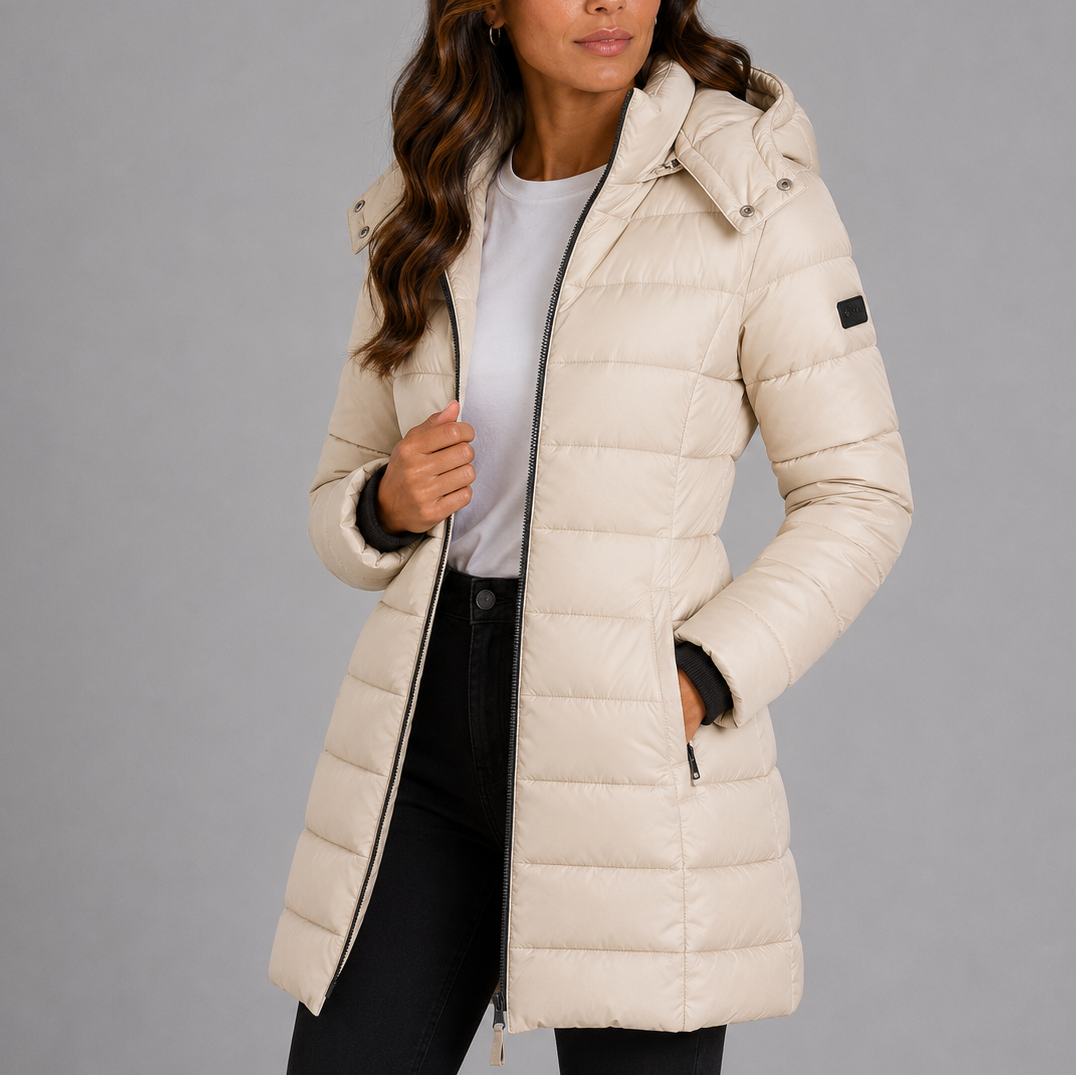 Women's Long Hooded Puffer Jacket with Full Zip and Side Pockets