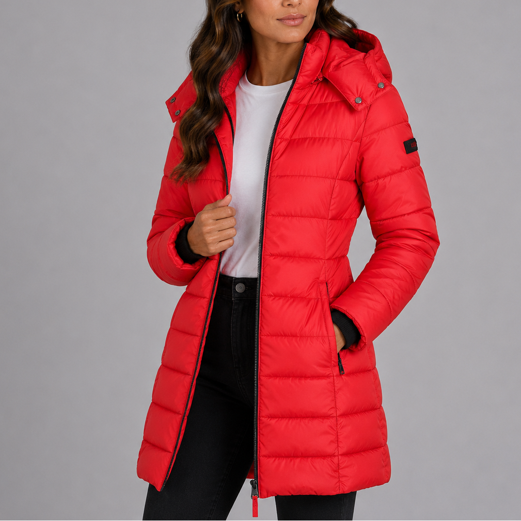 Women's Long Hooded Puffer Jacket with Full Zip and Side Pockets