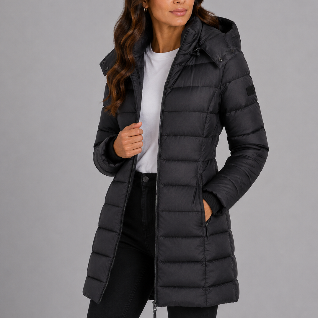 Women's Long Hooded Puffer Jacket with Full Zip and Side Pockets