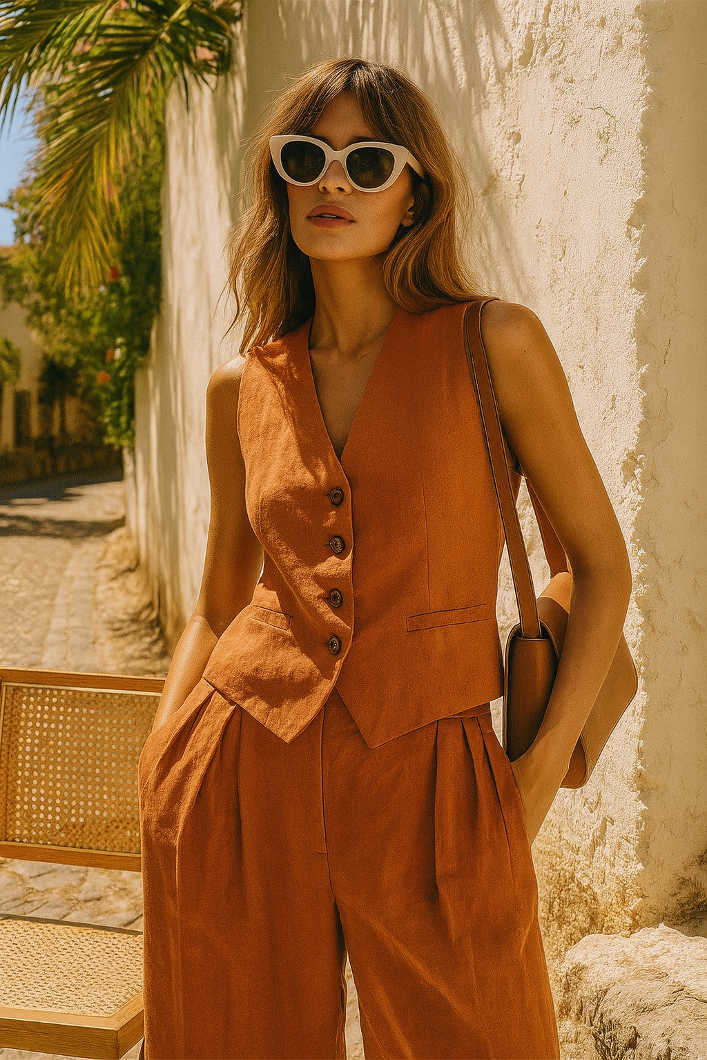 Women's Linen Vest and Wide Leg Trousers Set with Button Front