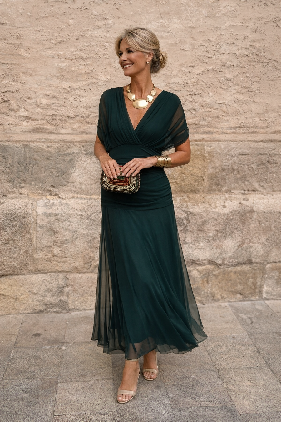 Women's Pleated V-Neck Maxi Dress