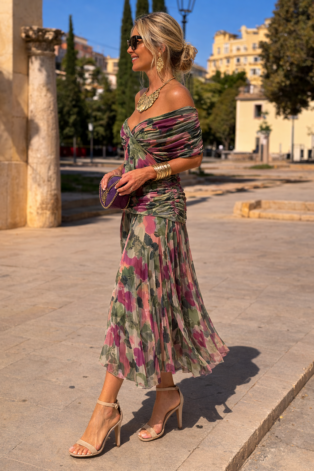 Women's Pleated V-Neck Maxi Dress
