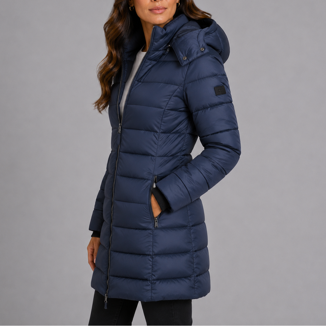Women's Long Hooded Puffer Jacket with Full Zip and Side Pockets
