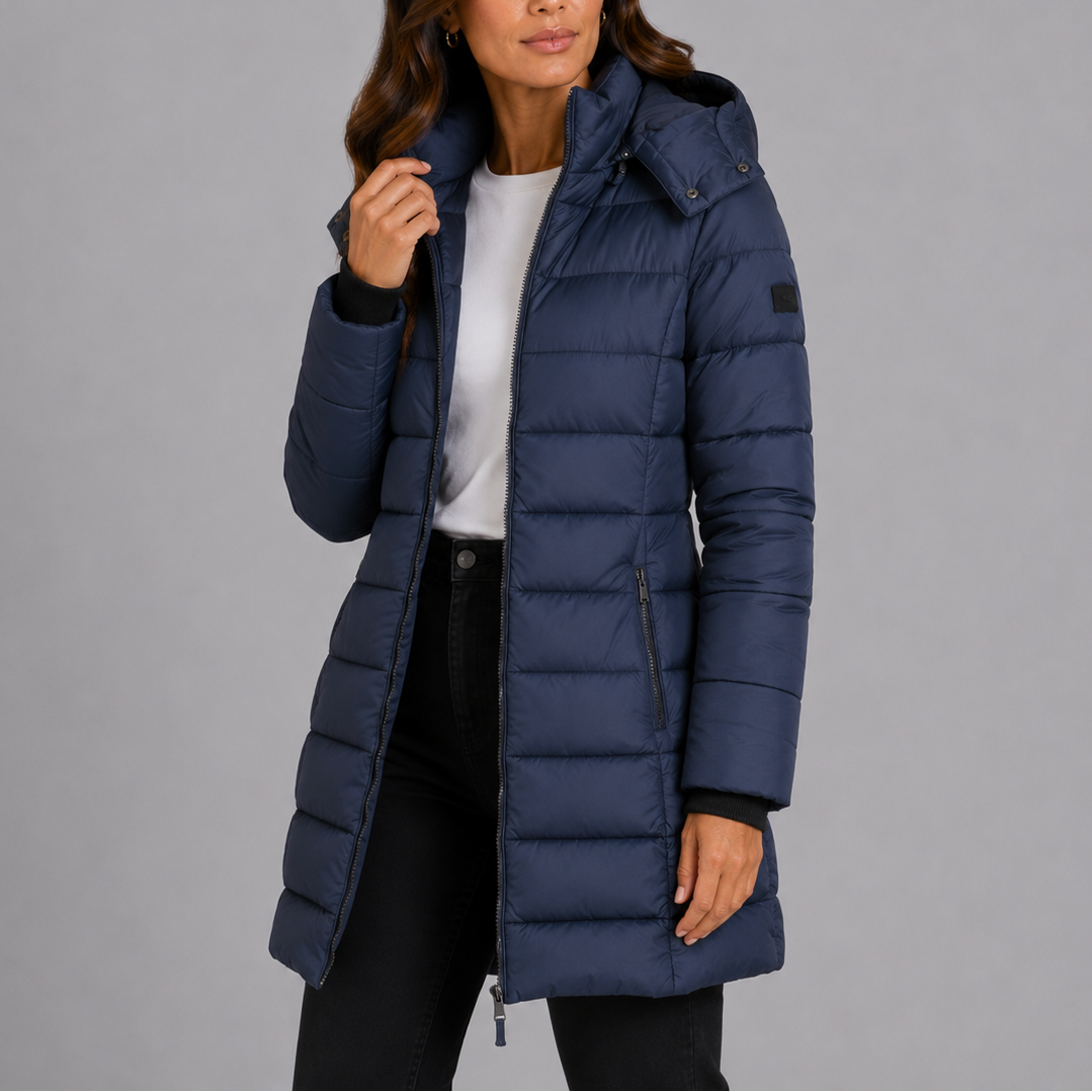 Women's Long Hooded Puffer Jacket with Full Zip and Side Pockets