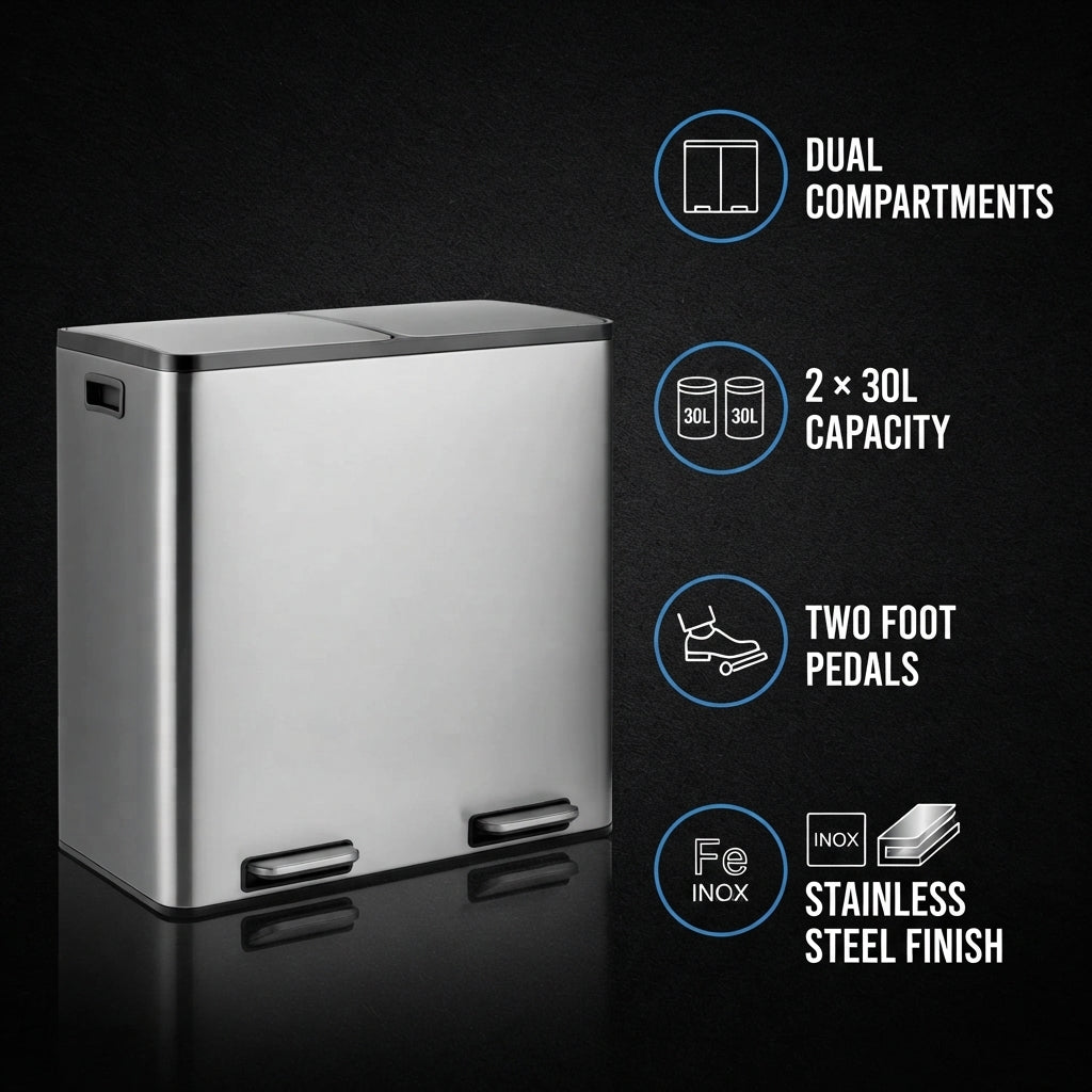 Stainless Steel Dual Compartment Pedal Trash Can – 2 × 30L