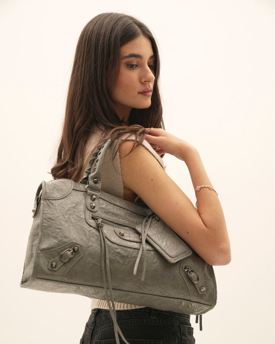 Women's Distressed Faux Leather Shoulder Bag with Zip Pocket