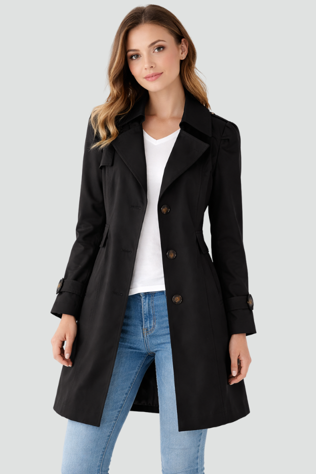 Women's Tailored Trench Coat With Button Front And Classic Collar