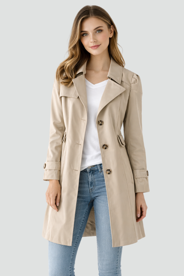 Women's Tailored Trench Coat With Button Front And Classic Collar