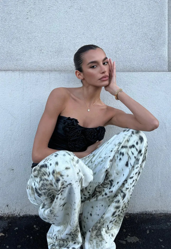 Women's Snow Leopard Print Wide Leg Jeans
