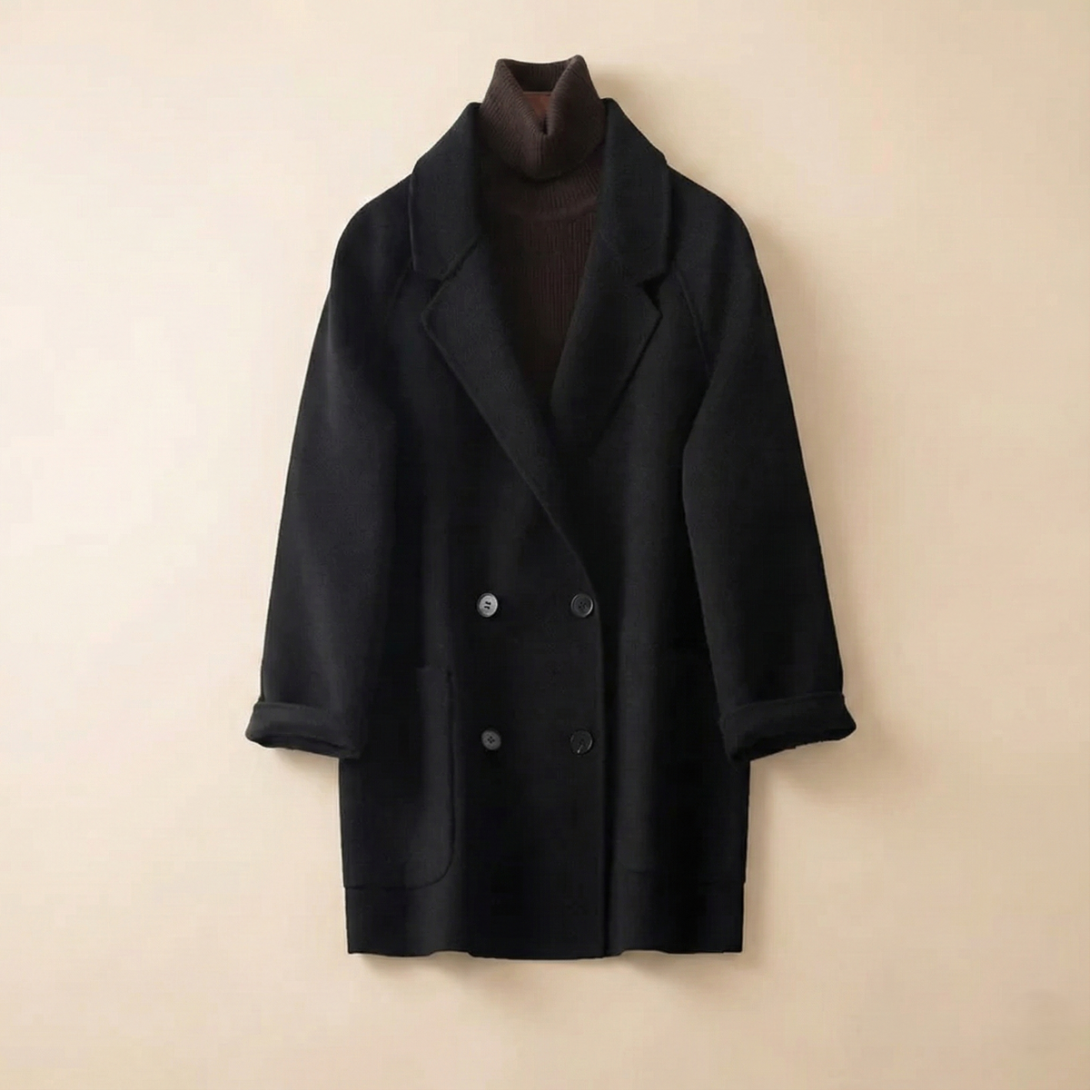 Women's Double Breasted Wool Blend Coat with Notch Lapel
