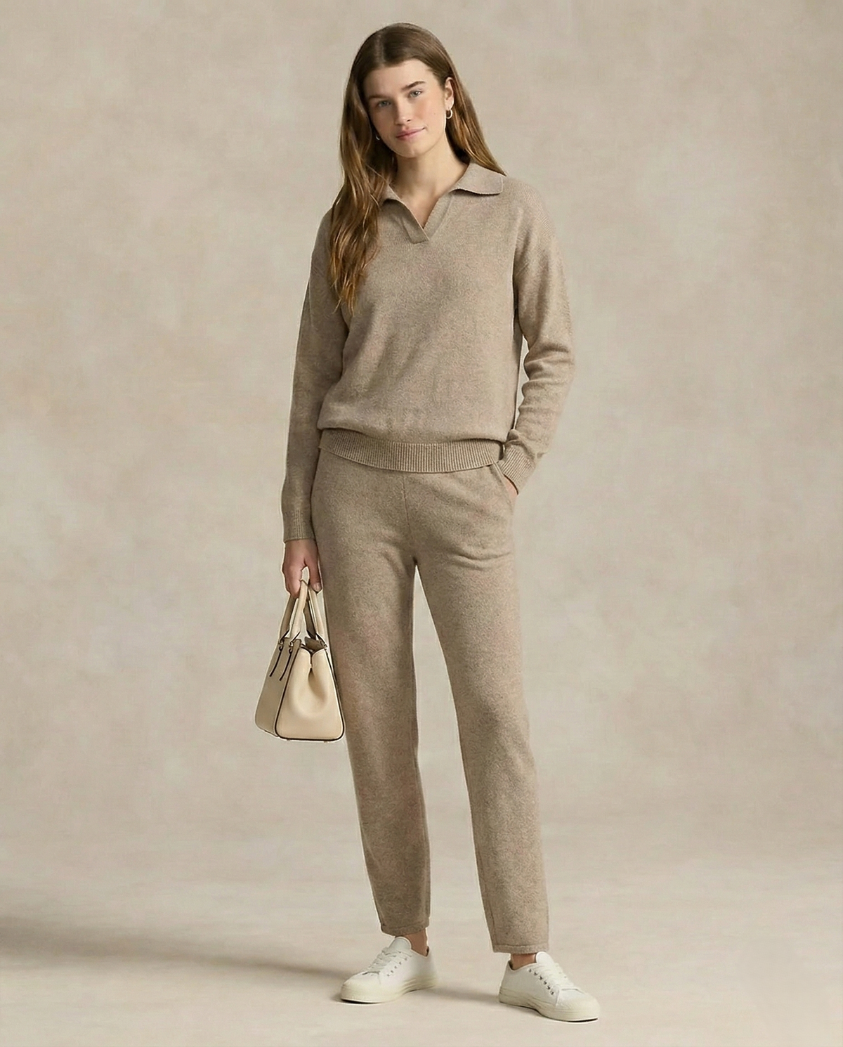 Women's Polo Collar Knit Sweater and Pants Set with V Neck