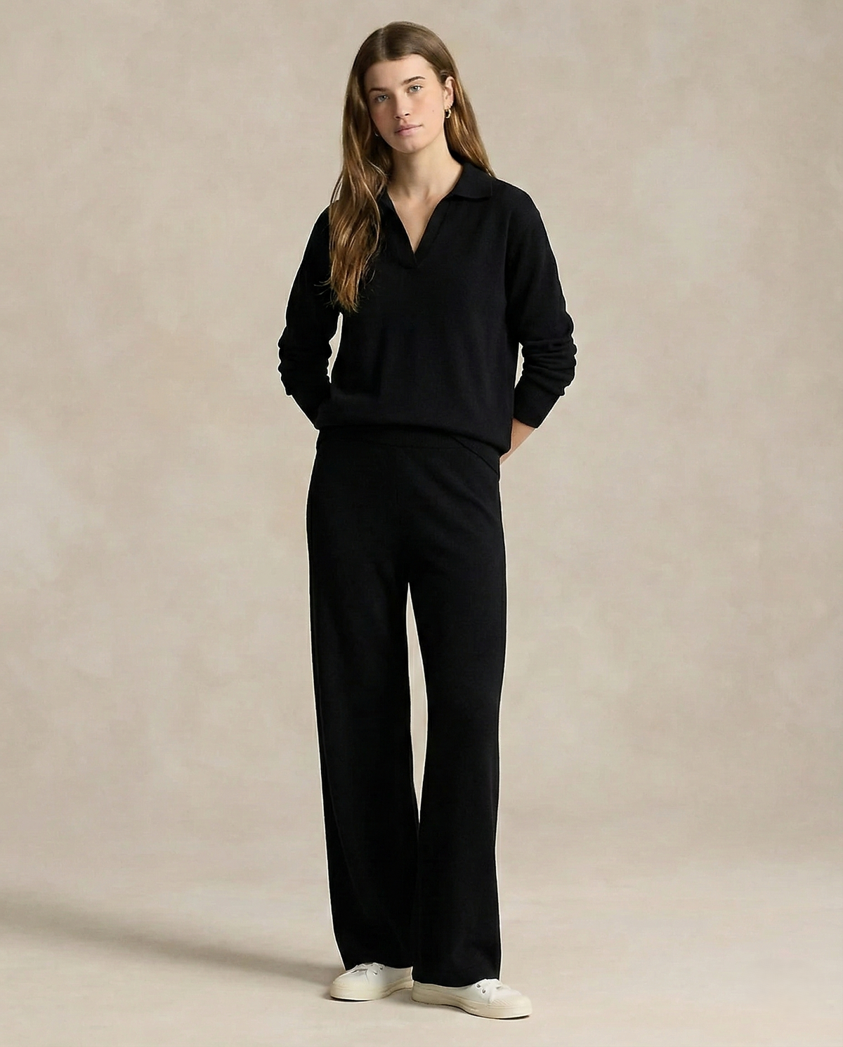Women's Polo Collar Knit Sweater and Pants Set with V Neck