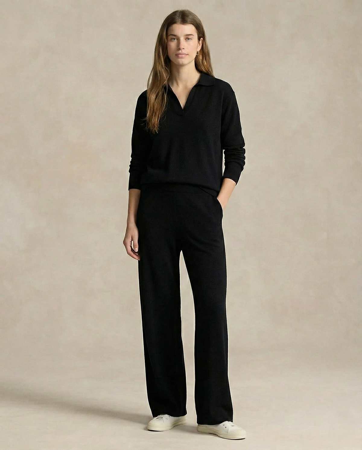Women's Polo Collar Knit Sweater and Pants Set with V Neck