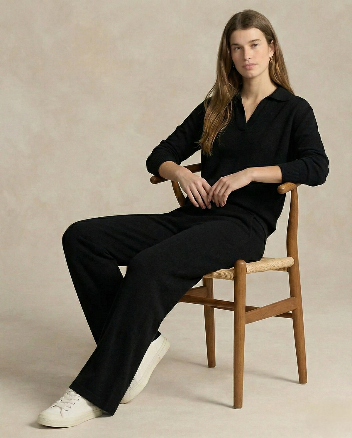Women's Polo Collar Knit Sweater and Pants Set with V Neck
