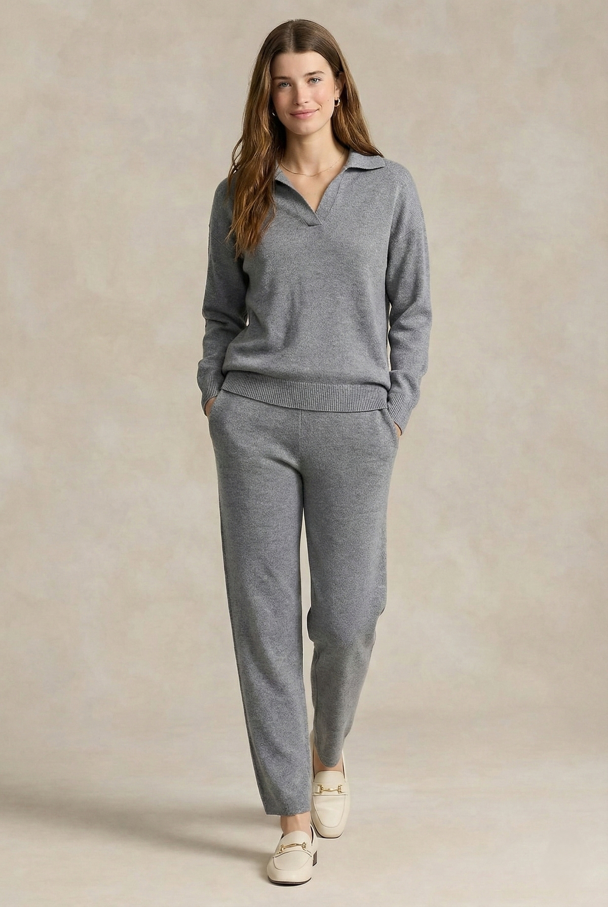 Women's Polo Collar Knit Sweater and Pants Set with V Neck