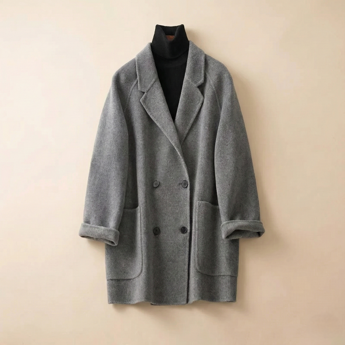 Women's Double Breasted Wool Blend Coat with Notch Lapel