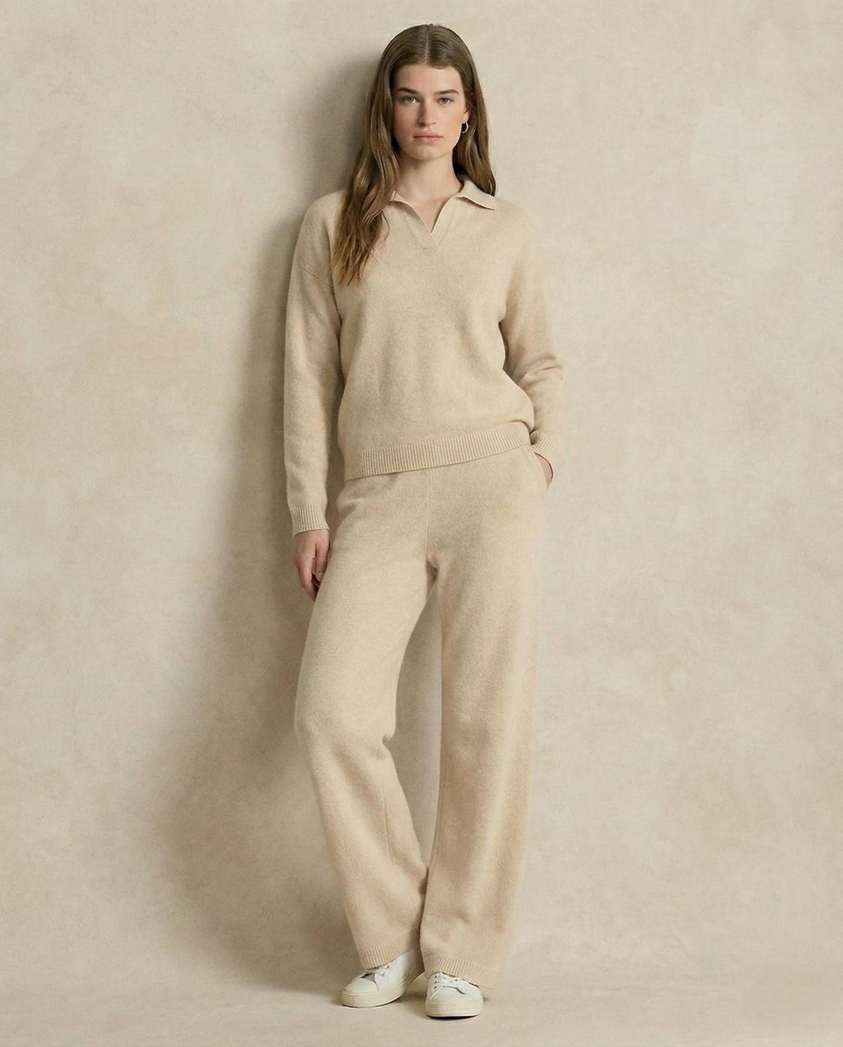 Women's Polo Collar Knit Sweater and Pants Set with V Neck