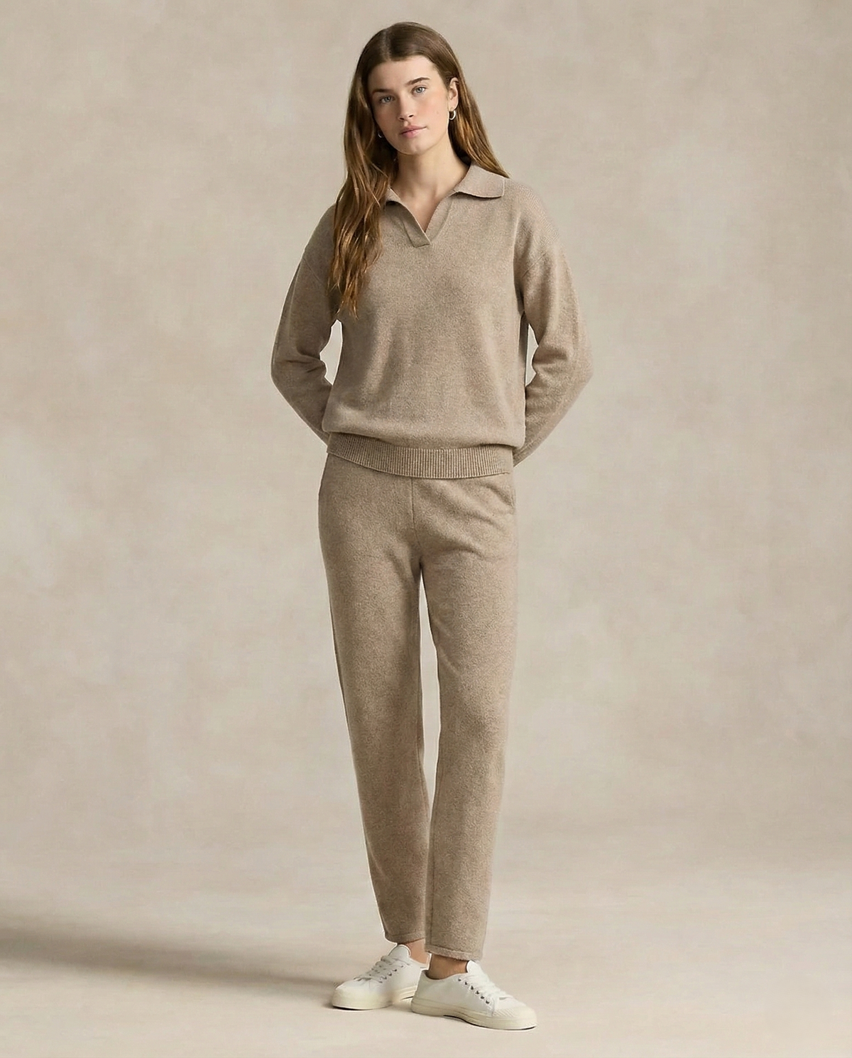 Women's Polo Collar Knit Sweater and Pants Set with V Neck
