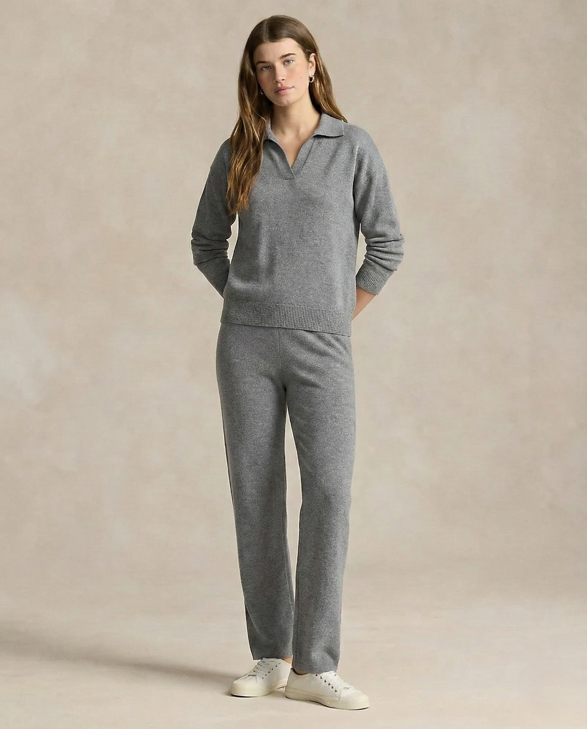 Women's Polo Collar Knit Sweater and Pants Set with V Neck