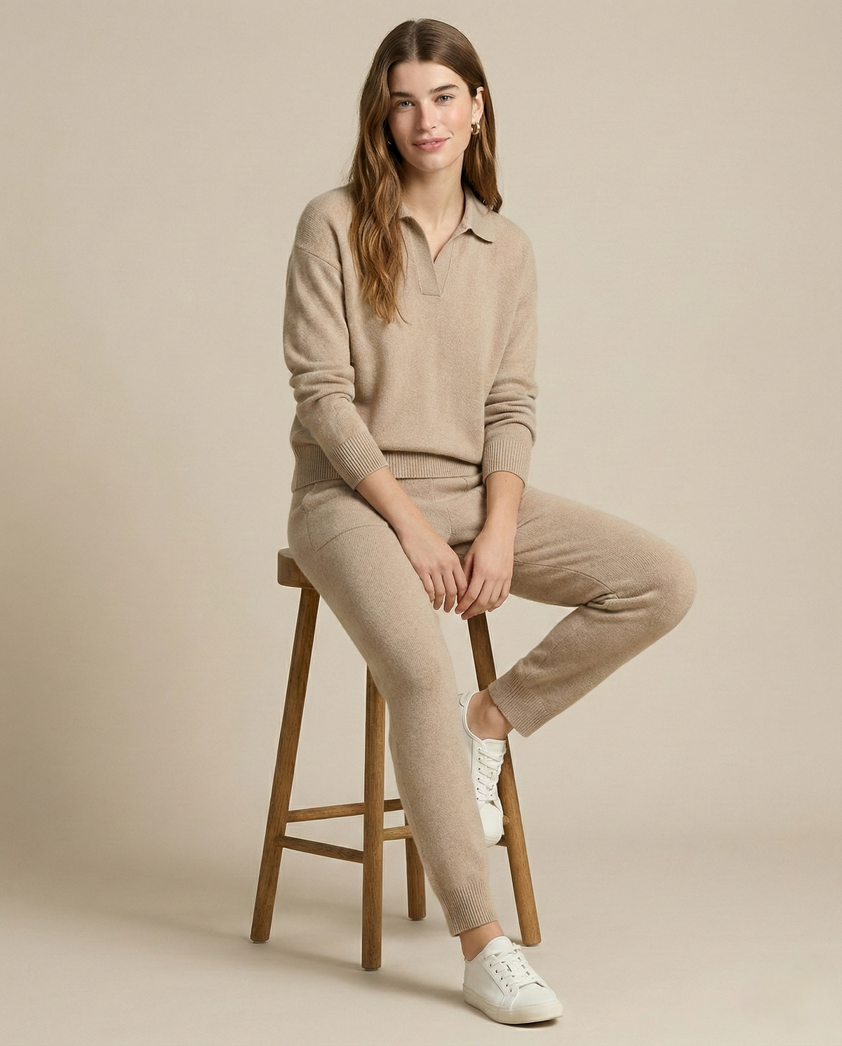 Women's Polo Collar Knit Sweater and Pants Set with V Neck