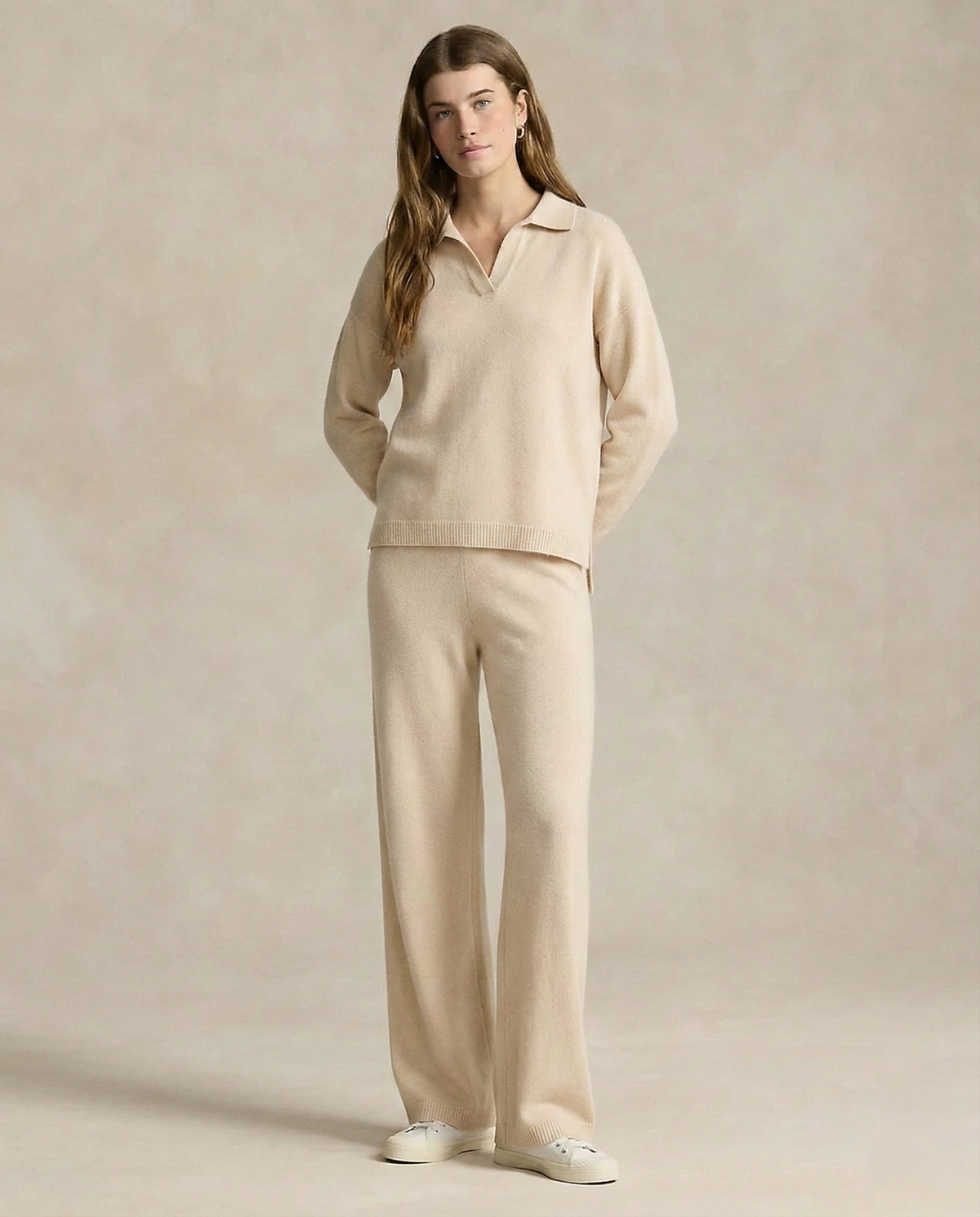 Women's Polo Collar Knit Sweater and Pants Set with V Neck