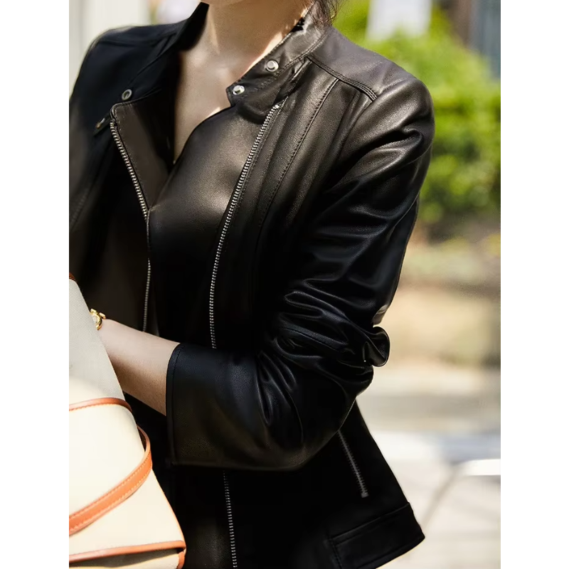 Women's Slim Fit Leather Jacket with Asymmetric Zip and Snap Collar