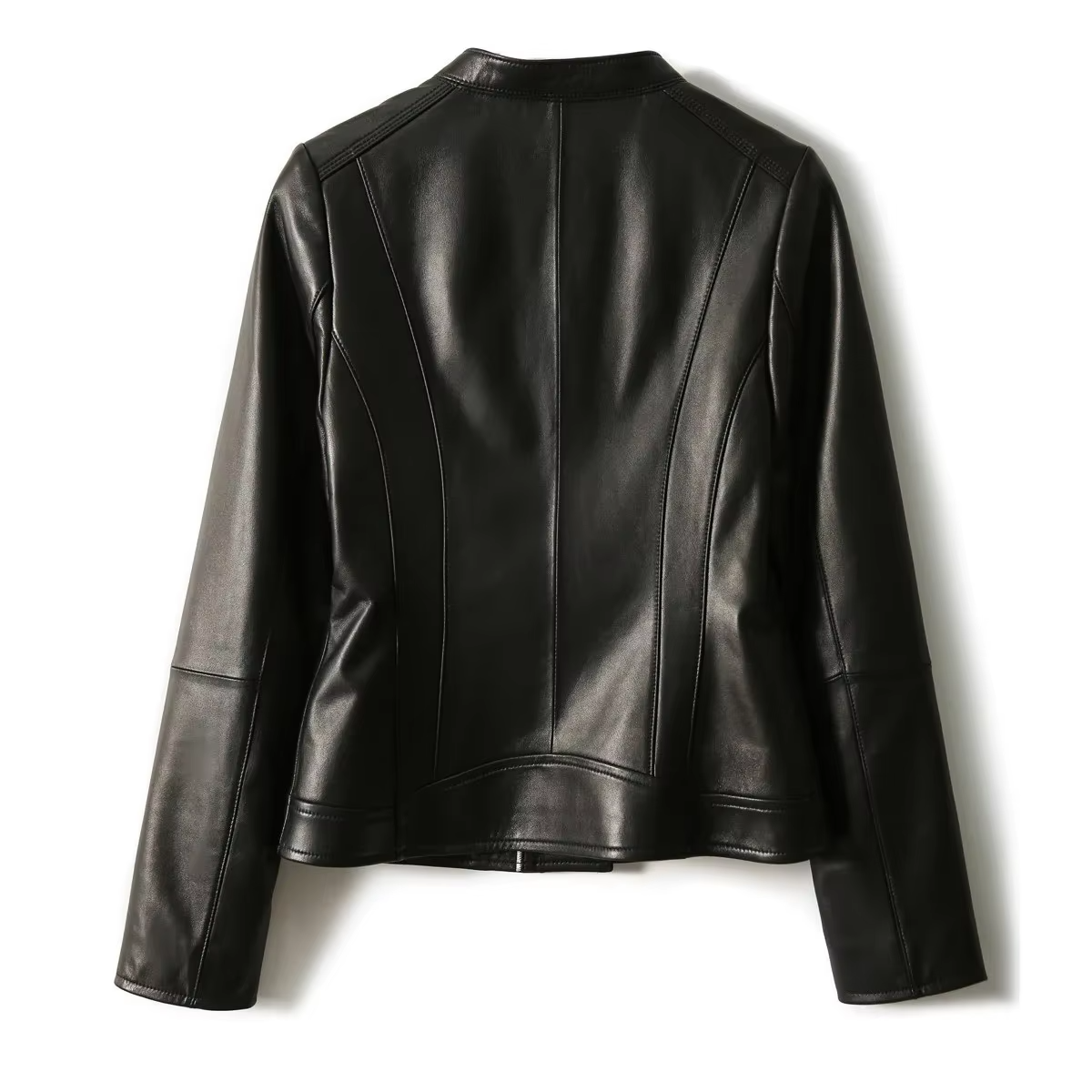 Women's Slim Fit Leather Jacket with Asymmetric Zip and Snap Collar
