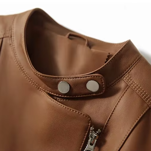 Women's Slim Fit Leather Jacket with Asymmetric Zip and Snap Collar
